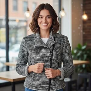 Eileen Fisher Women's Wool Alpaca Lamb Leather Herringbone Moto Jacket Size XS